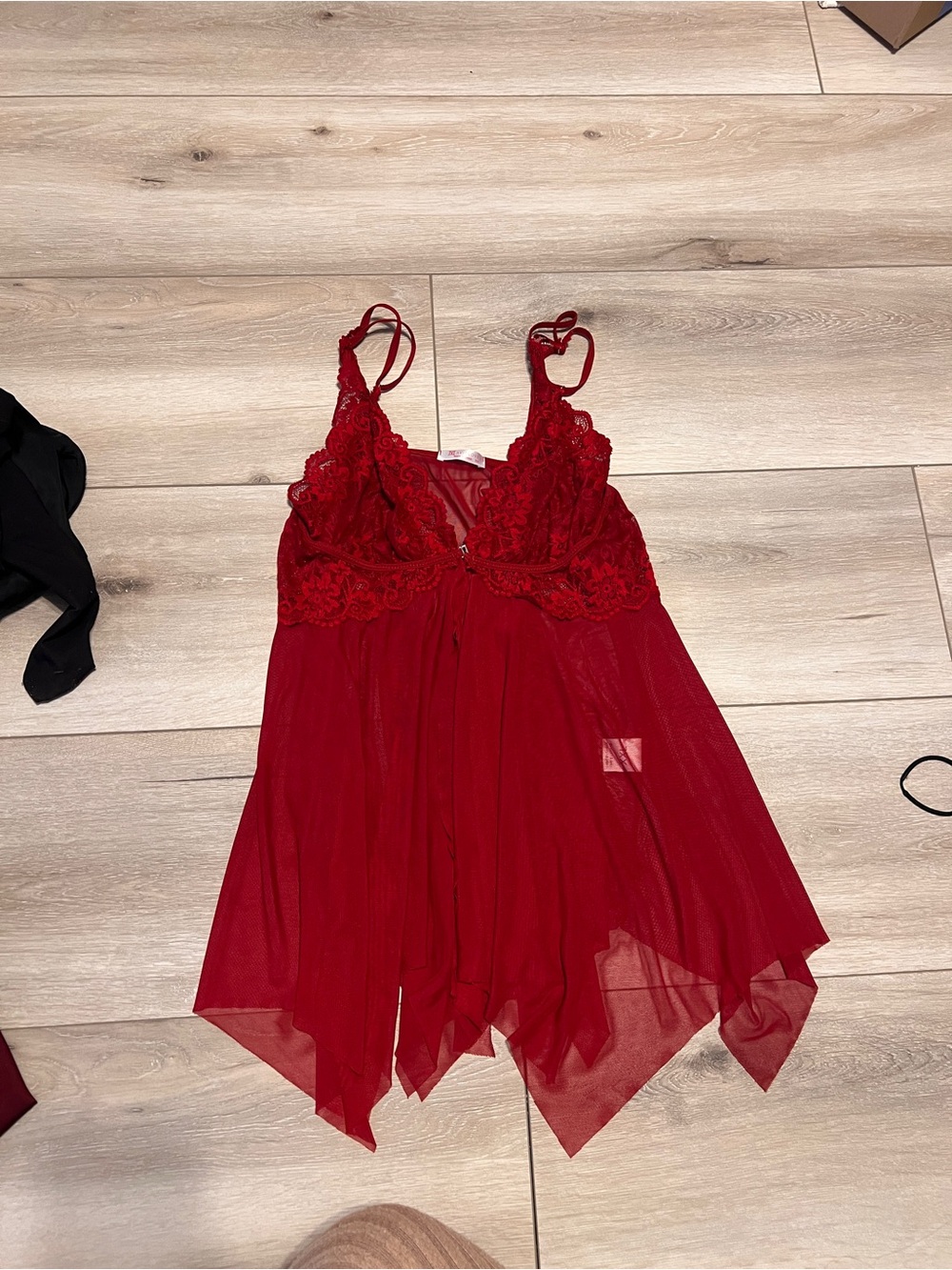 Sheer Red Lace Babydoll Chemise with Scallop Trim